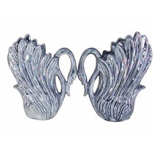 Silver Grey Swan Ceramic Pottery Vases Pair Vintage 1980s AB Glaze